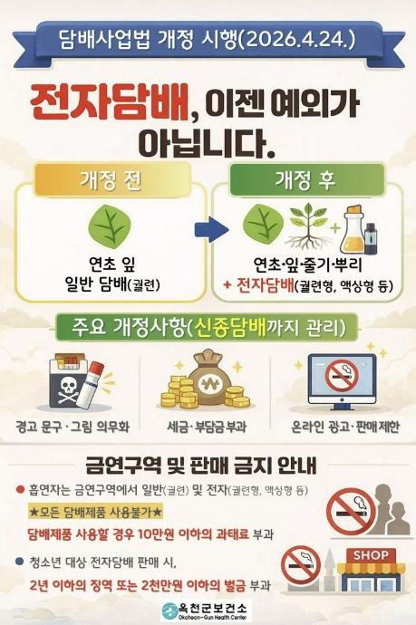 옥천군보건소, 2026년 개정 '담배사업법' 시행... 청소년 보호 및 관리 사각지대 해소