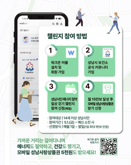 성남시, 워크온 걷기 챌린지…월 15만보 달성 시 5000원 지급