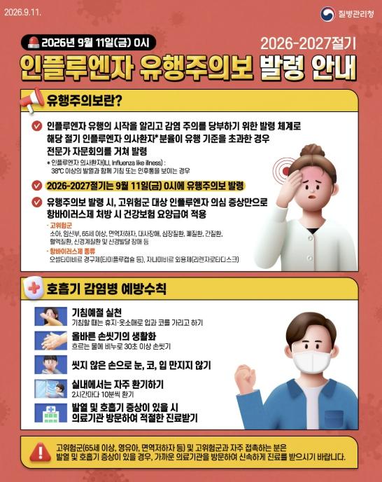 시흥시, 인플루엔자 유행주의보 발령…호흡기감염병 예방수칙 준수 당부
