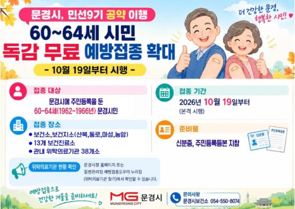 문경시 60~64세 시민 인플루엔자(독감) 무료접종 확대
